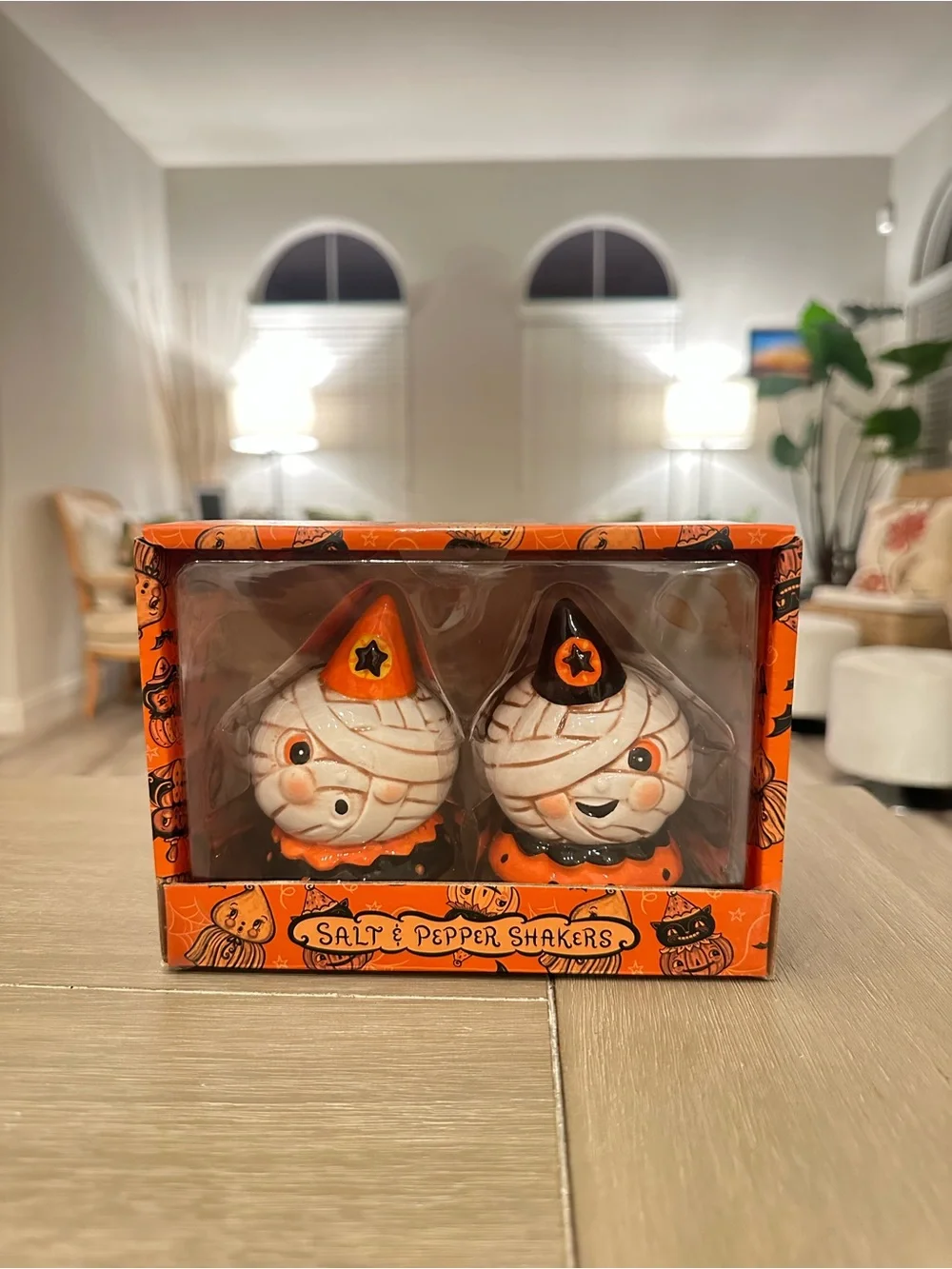 Halloween Mummy Salt & Pepper Shaker Set - Orange and White